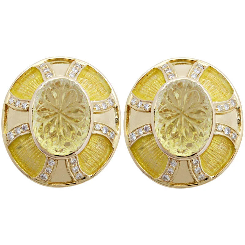 floral earrings for women -Earrings-Lemon Quartz and Diamond (Enamel)