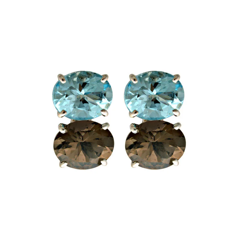 crystal stud earrings for women -Earrings-Blue Topaz and Smokey Quartz