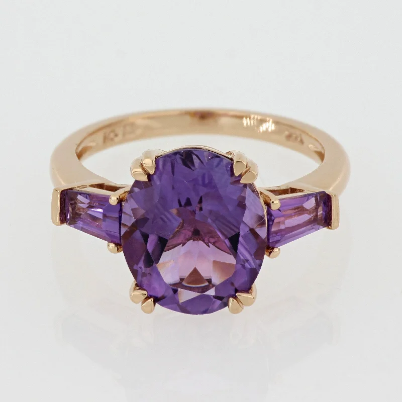 custom birthstone rings -Oval and Taper-Cut Amethyst 3-Stone Ring in 14k Rose Gold by Miadora