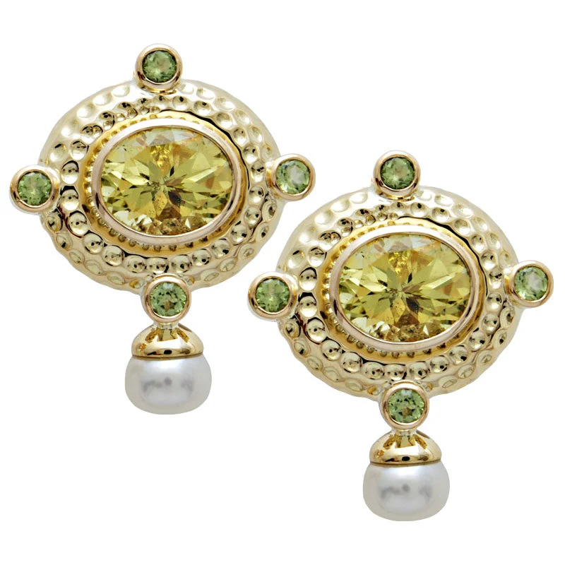 silver stud earrings for women -Earrings-Lemon Quartz, Peridot and Pearl