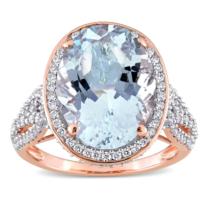 multi-stone rings for women -Miadora Aquamarine and 7/8ct TDW Diamond Halo Cocktail Ring in 14k Rose Gold