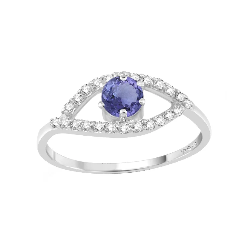 promise rings with birthstones -Sterling Silver with Natural Tanzanite and White Zircon Evil Eye Ring