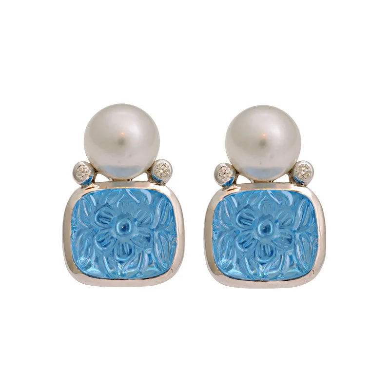 antique earrings for women -Earrings-Blue Topaz, South Sea Pearl and Diamond