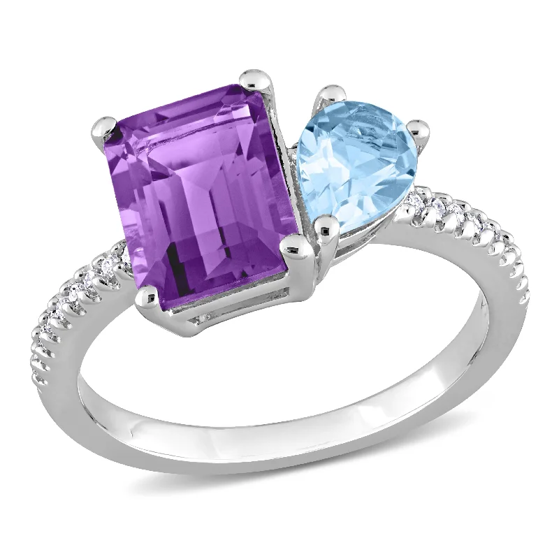 gold wedding bands for women -Miadora 3 1/10ct TGW Sky Blue Topaz and Amethyst with 1/10ct TDW Diamond 2-Stone Toi et Moi Ring in Sterling Silver