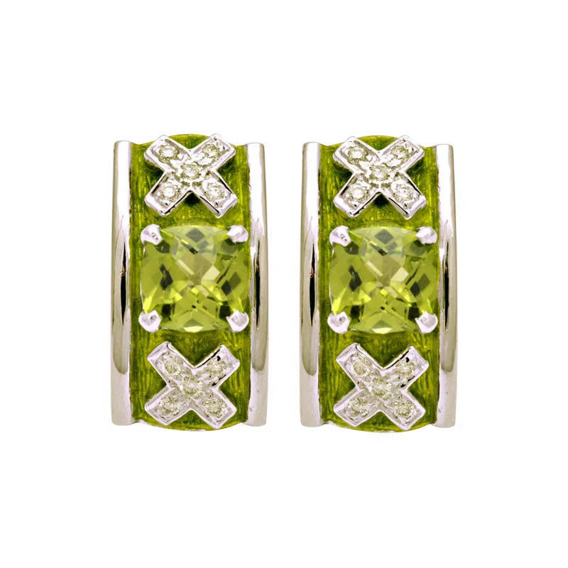 vintage stud earrings -Earrings-Peridot and Diamond (Enamel)