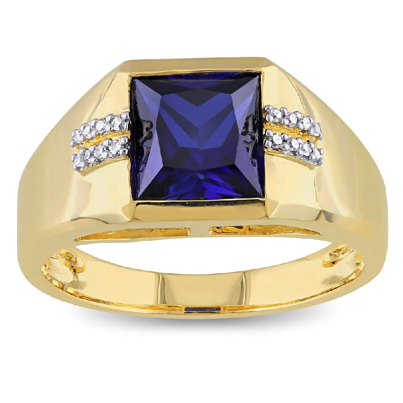 stylish rings for women -Miadora Men's 10k Yellow Gold Created Blue Sapphire and Diamond Accent Ring