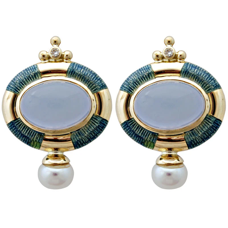 sparkling earrings for women -Earrings-Chalcedony, Pearl and Diamond (Enamel)