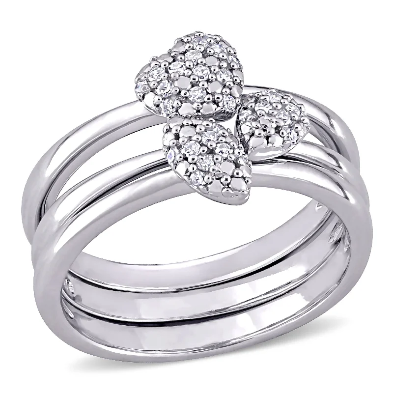 promise rings with birthstones -Miadora Sterling Silver 1/6ct TDW Diamond Heart, Marquise & Pear Clustered 3-Piece Stackable Ring