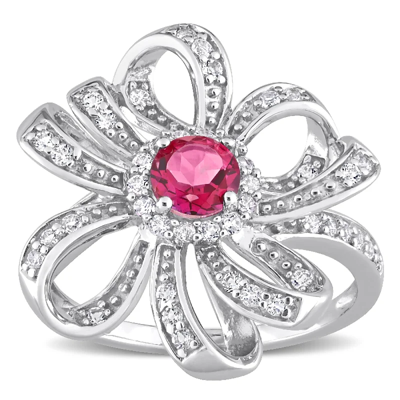 vintage wedding rings for women -Miadora Pink and White Topaz Floral Cluster Ring in Sterling Silver