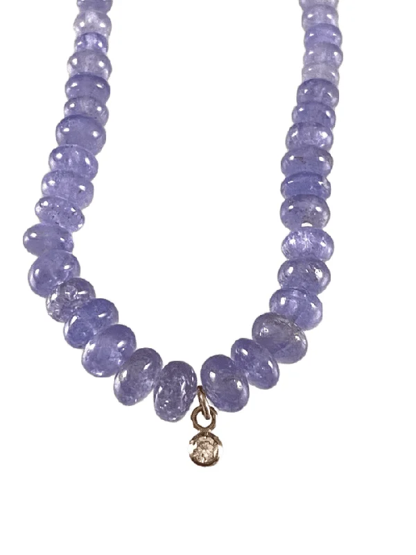 fashion choker necklaces -16” Tanzanite Beads with 14k White Gold Diamond Charm Necklace