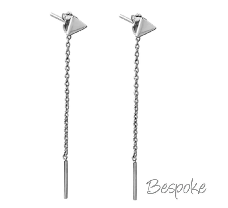 big stud earrings for women -Bespoke Silver .925 Triangle Earring Stud Pair w Chain Hanging Bar