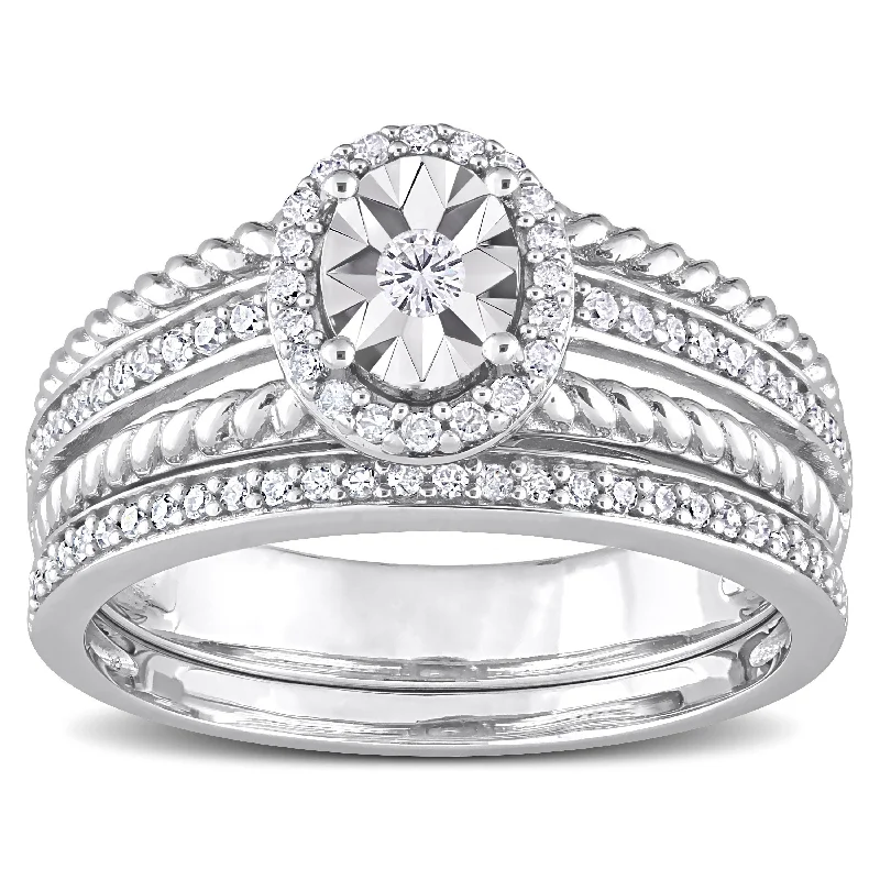 custom rings for women -Miadora 1/3ct TDW Diamond Oval Halo Bridal Ring Set in Sterling Silver