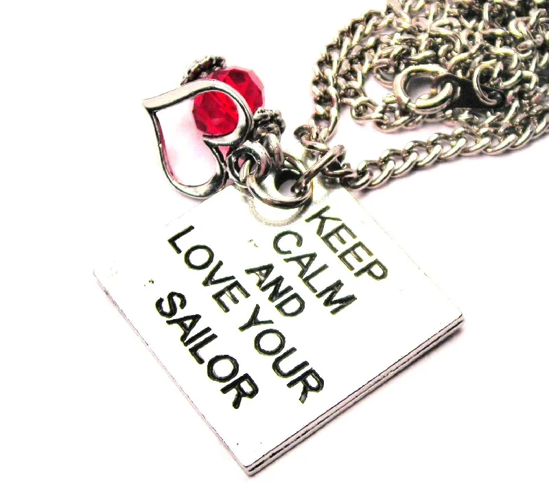 gemstone drop necklaces -Keep Calm And Love Your Sailor Necklace with Small Heart