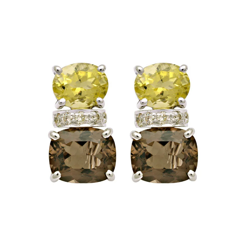 gold stud earrings for women -Earrings-Lemon Quartz, Smokey Quartz and Diamond