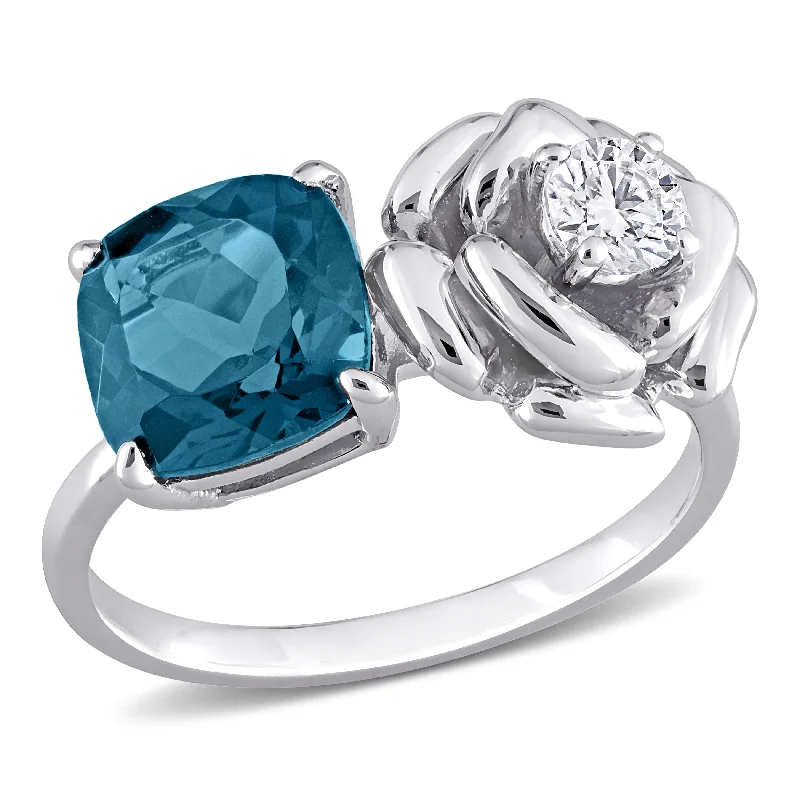 chunky rings for women -Miadora 2 7/8ct TGW Cushion-Cut London Blue Topaz and White Topaz 2-Stone Rose Ring in Sterling Silver