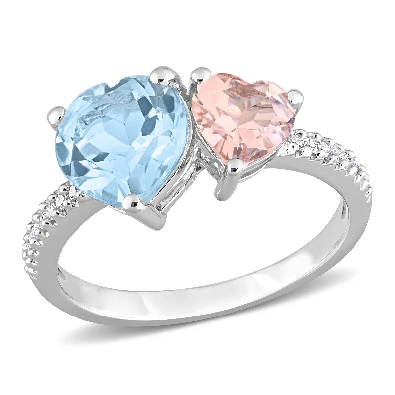 pearl rings for women -Miadora 2 5/8ct TGW Sky Blue Topaz and Morganite with 1/10ct TW Diamond 2-Stone Toi et Moi Ring in Sterling Silver