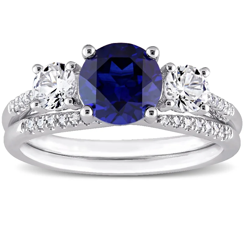 statement rings for women -Miadora 10k White Gold Created Blue White Sapphire & 1/10ct TDW Diamond 3-Stone Bridal Ring Set