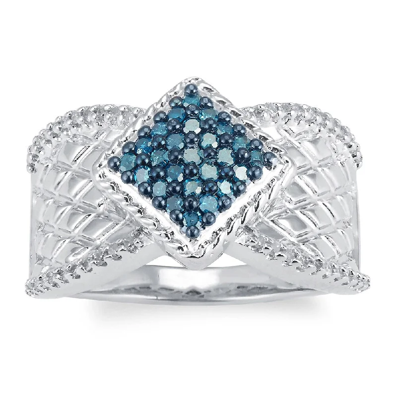 fashion promise rings -Sterling Silver 1/2 cttw Blue and White Diamond Square Ring