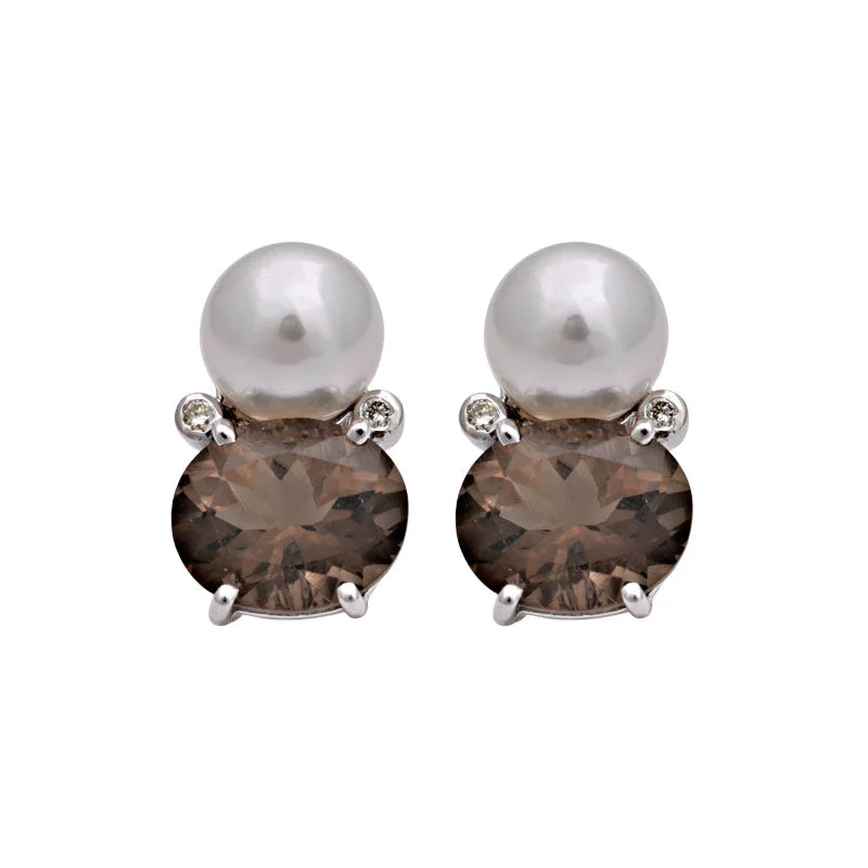 long drop earrings for women -Earrings-Smokey Quartz, South Sea Pearl and Diamond