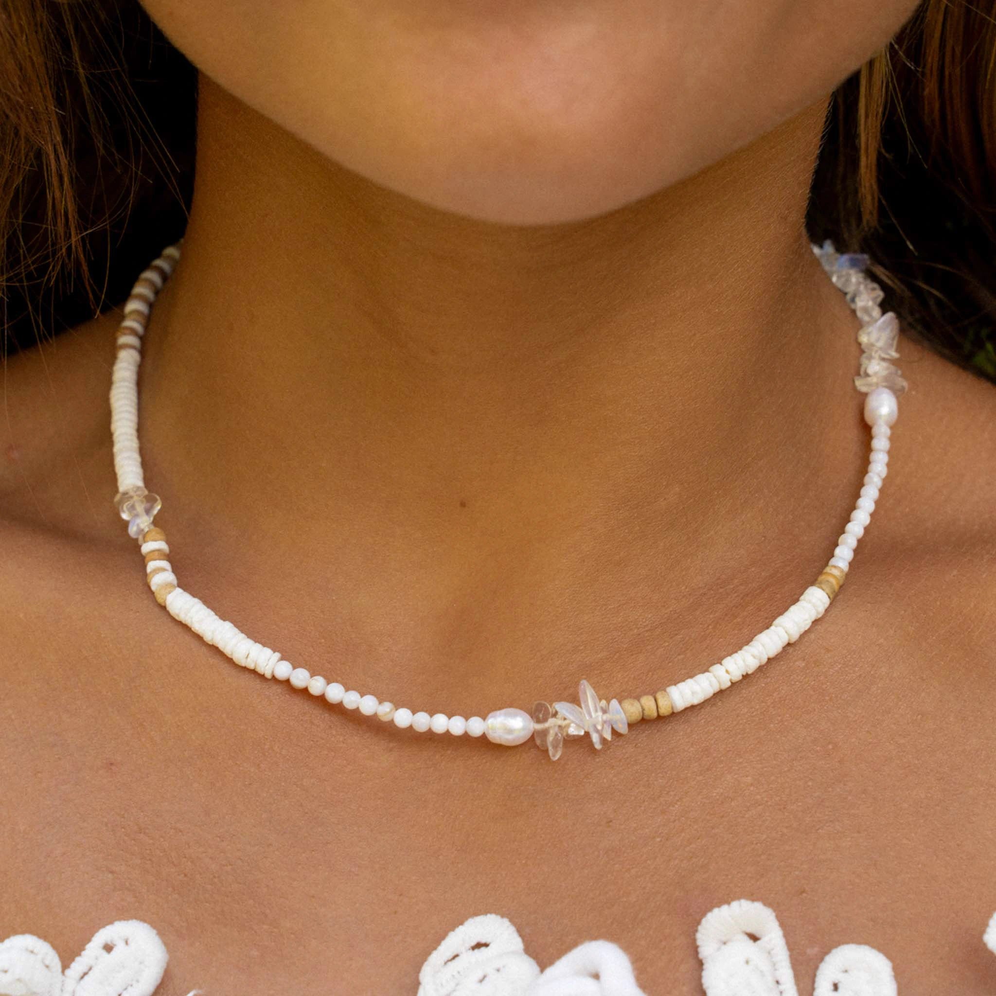 engraved necklaces for women -Love is Here Natural Stone, Pearl & Shell Necklace