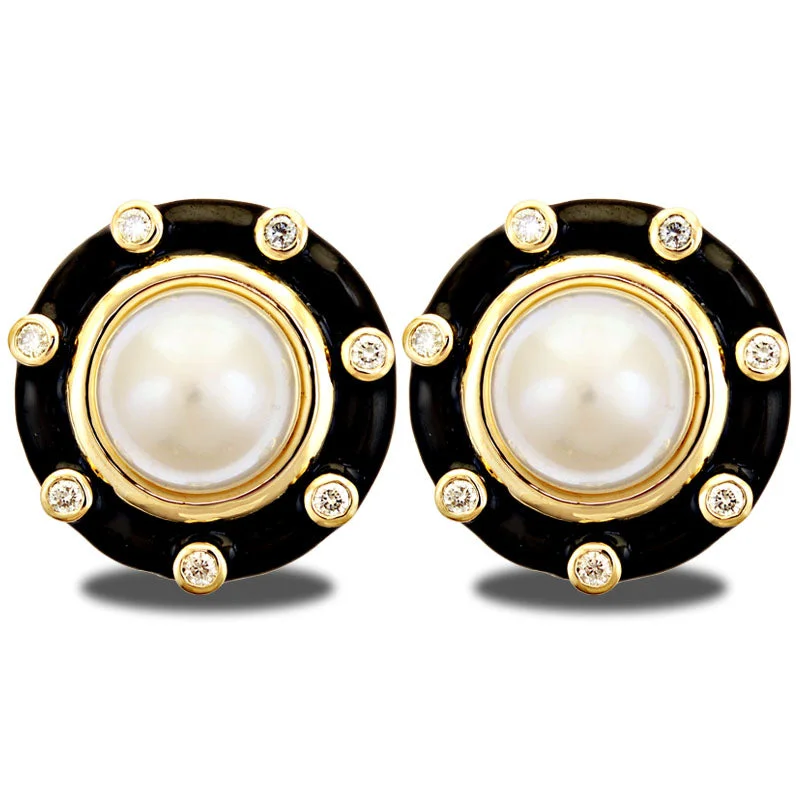 gold hoop earrings for women -Earrings-South Sea Pearl and Diamond (Enamel)