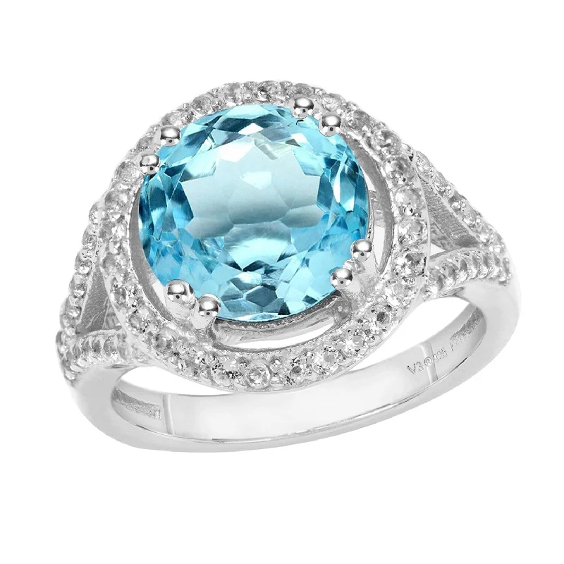 birthstone rings for women -Sterling Silver with Natural Sky Blue Topaz and White Topaz Halo Ring