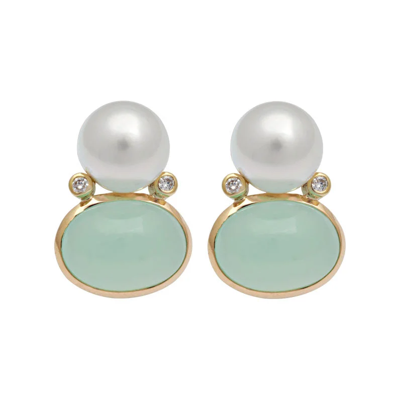 vintage earrings for women -Earrings-Chrysoprase, South Sea Pearl and Diamond