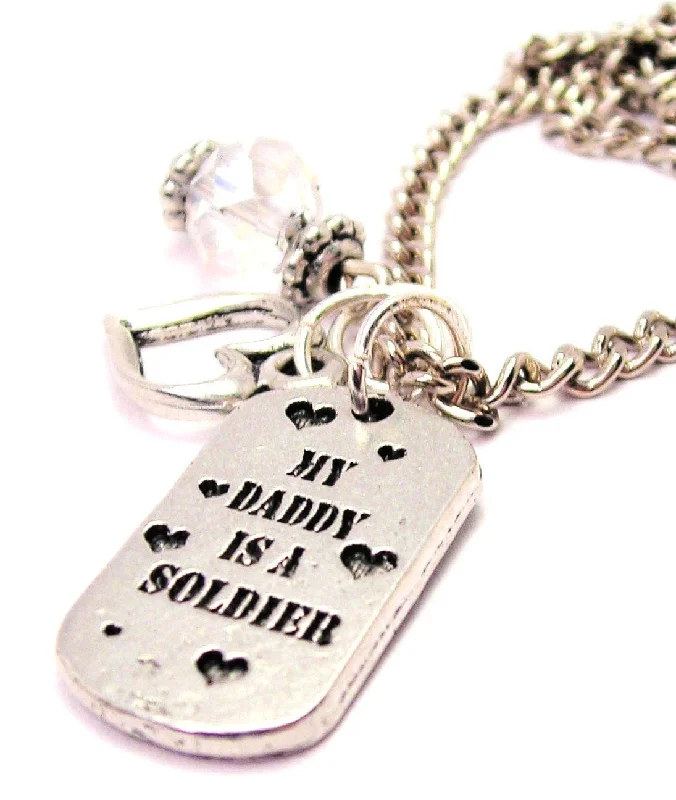 silver bar necklaces for women -My Daddy Is A Soldier Necklace with Small Heart