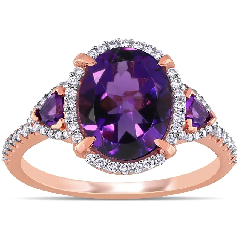 custom engraved rings -Miadora 14k Rose Gold African-Amethyst and 1/4ct TDW Diamond 3-Stone Halo Ring