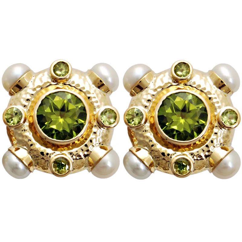 vintage stud earrings -Earrings-Pearl and Peridot