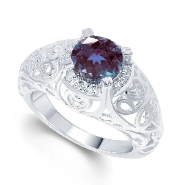 colorful gemstone rings -Sterling Silver Color Changing Alexandrite & White Topaz Solitaire Ring