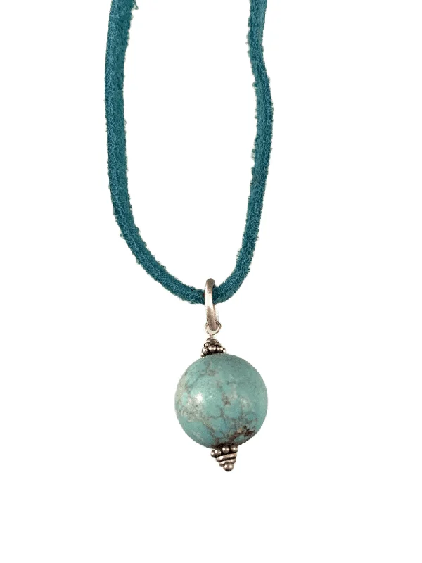 silver chain necklaces for women -16" Turquoise Round Bead on Green Suede Necklace