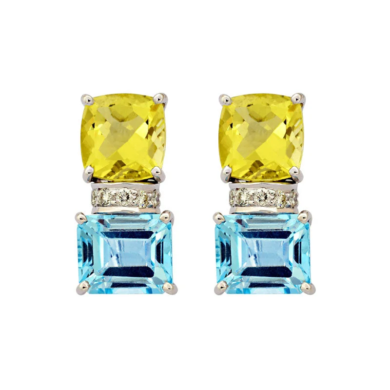 silver stud earrings for women -Earrings-Blue Topaz, Lemon Quartz and Diamond