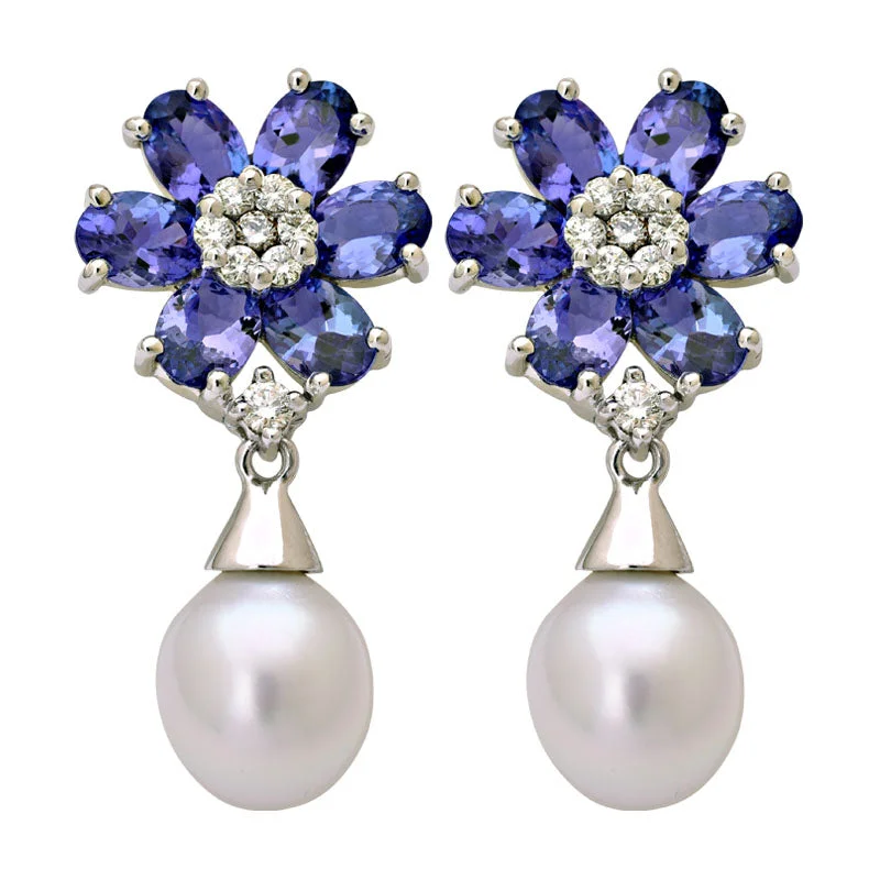 luxury diamond earrings for women -Earrings-Tanzanite, South Sea Pearl and Diamond