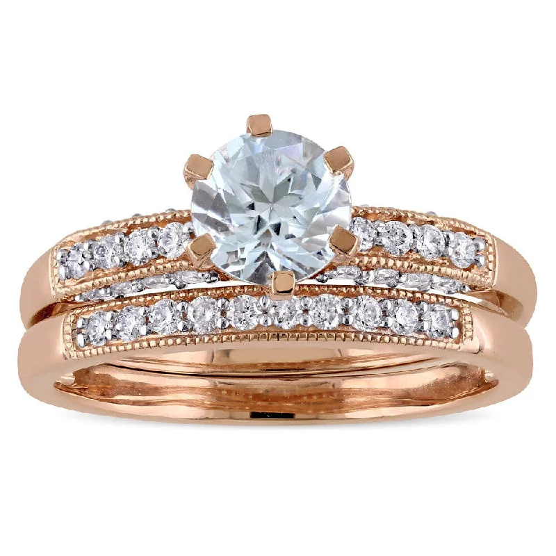 fashion promise rings -Miadora Signature Collection 10k Rose Gold 1/3ct TDW Diamond and Aquamarine Bridal Ring Set (G-H, I2