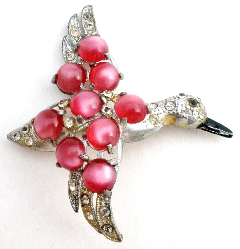 Pink Moonglow Bird Brooch Vintage Pot Metal