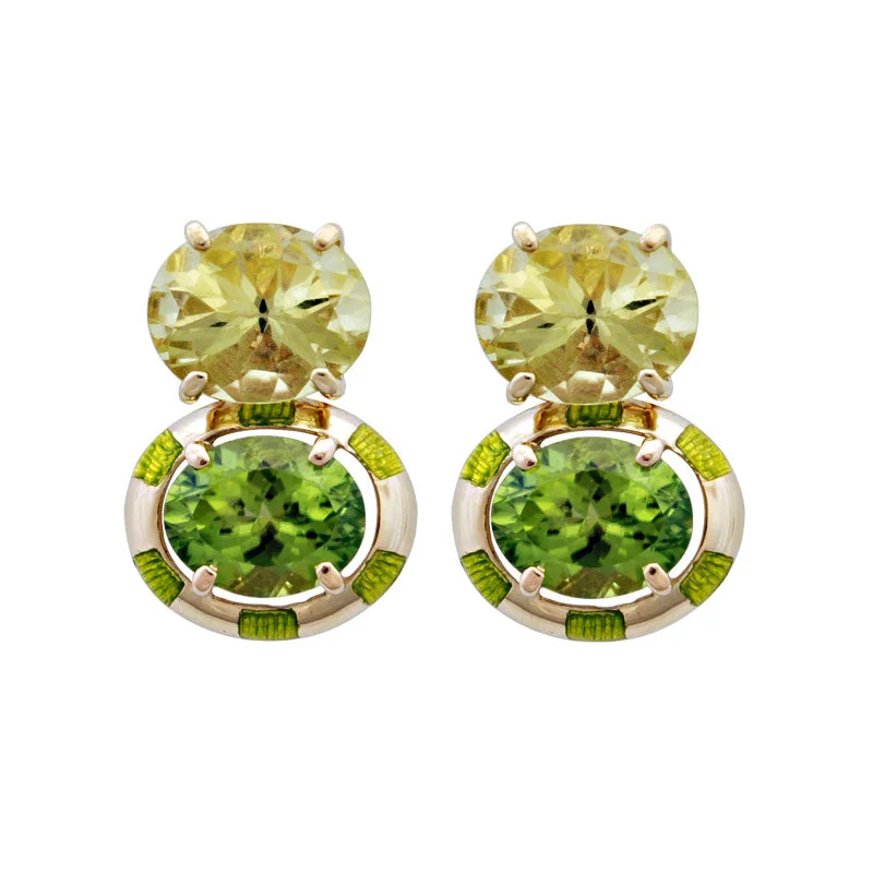 birthday gift earrings for women -Earrings-Peridot and Lemon Quartz (Enamel)