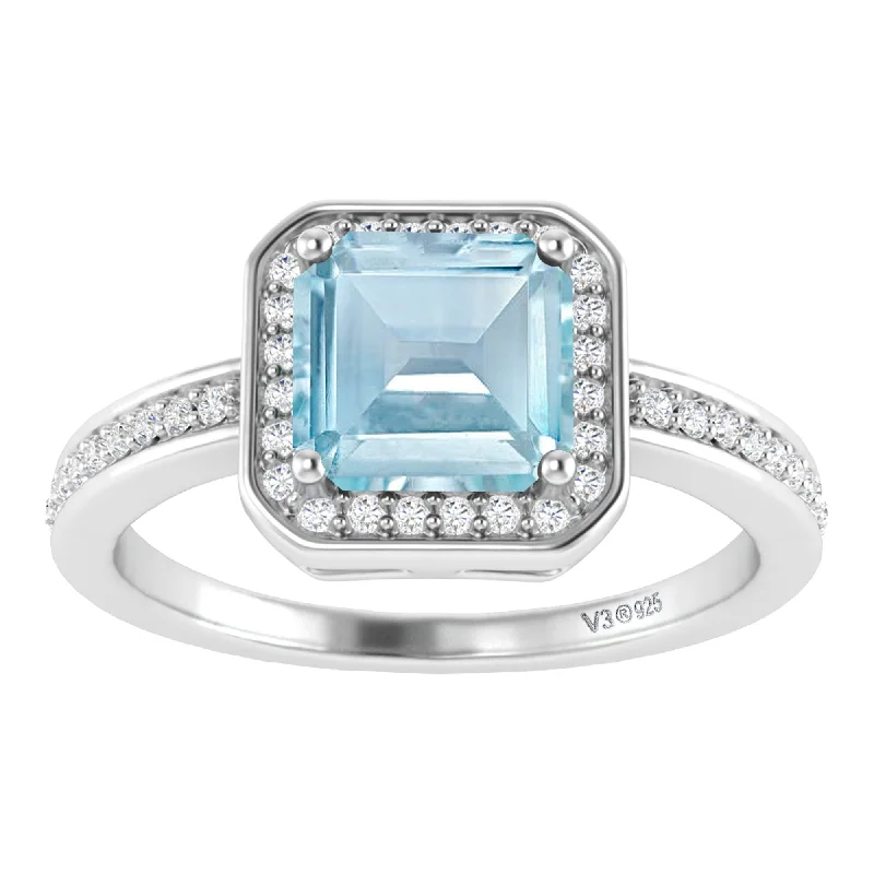 anniversary rings for women -Sterling Silver With Natural Aquamarine and White Topaz Solitaire Ring