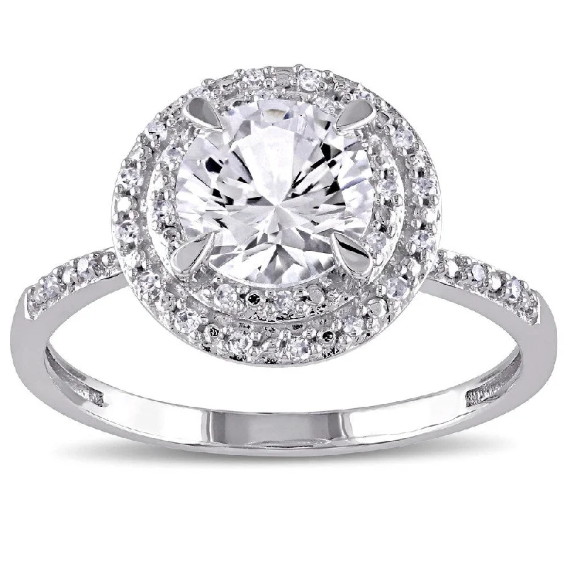 fashion promise rings -Miadora 10k White Gold Created White Sapphire and 1/10ct TDW Diamond Double Halo Ring