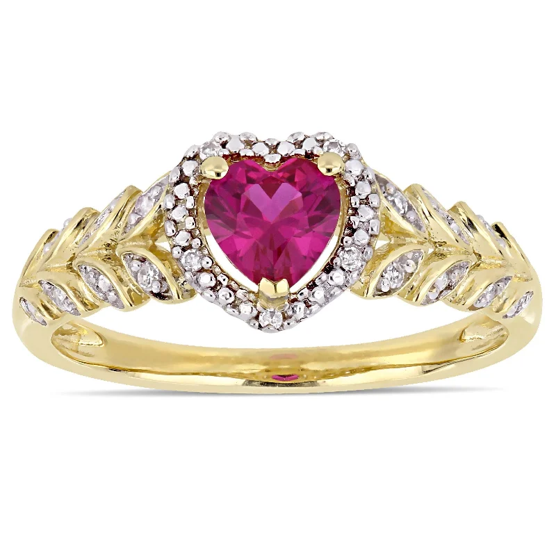 classic rings for women -Miadora 10k Yellow Gold Created Ruby and Diamond Heart Halo Ring