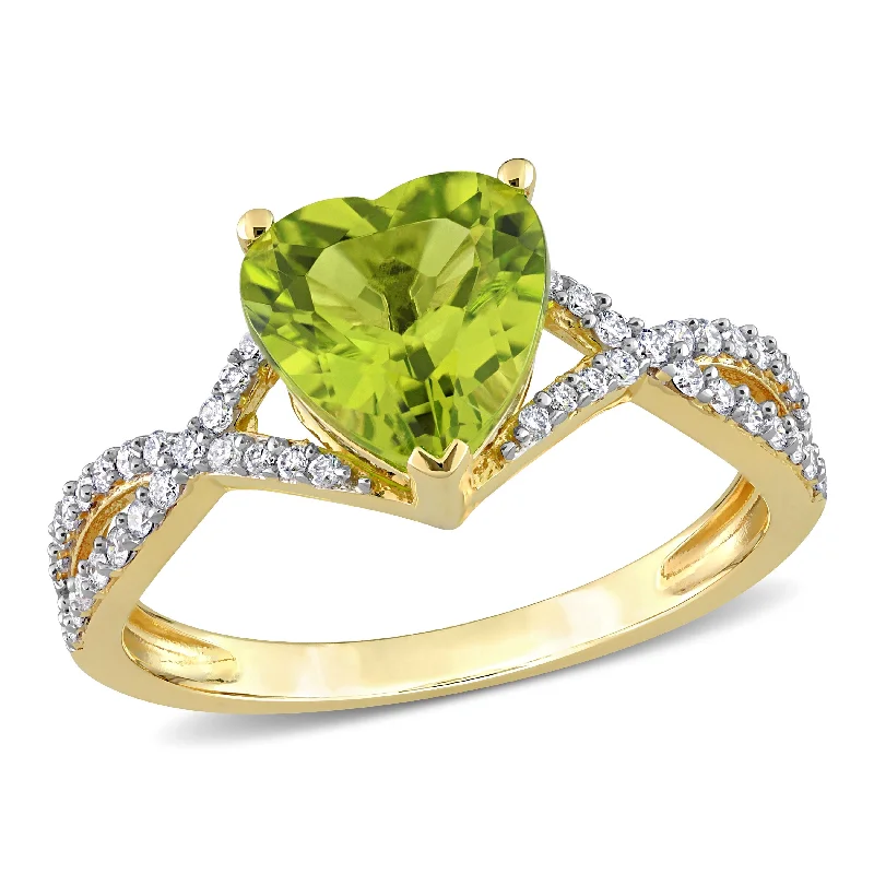 anniversary rings for women -Miadora 1 5/8ct TGW Heart Peridot and 1/5ct TDW Diamond Infinity Ring in 14k Yellow Gold