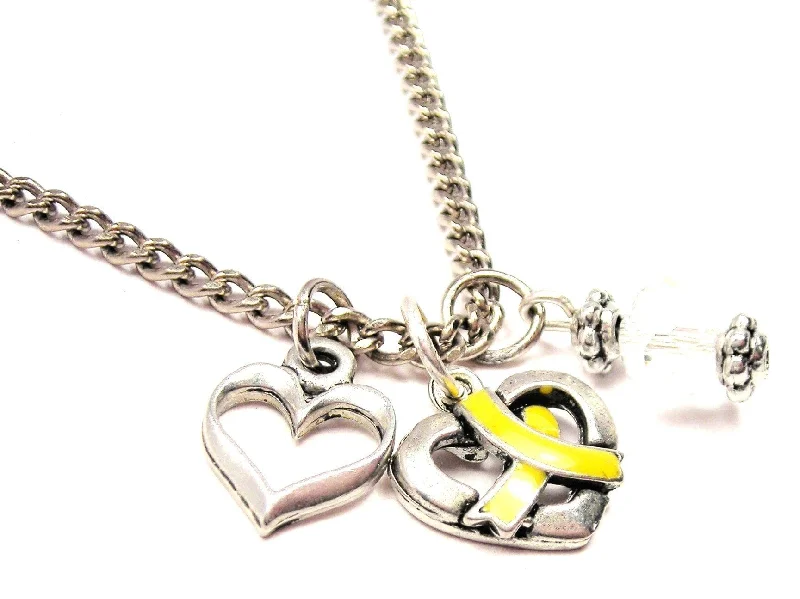 delicate necklaces for women -Hand Painted Heart With Awareness Wrapped Around It Yellow Necklace with Small Heart