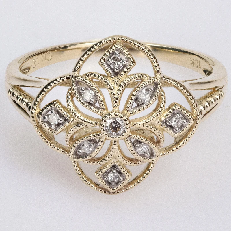 silver rings for women -Miadora 10k Yellow Gold Diamond Accent Quatrefoil Lace Ring