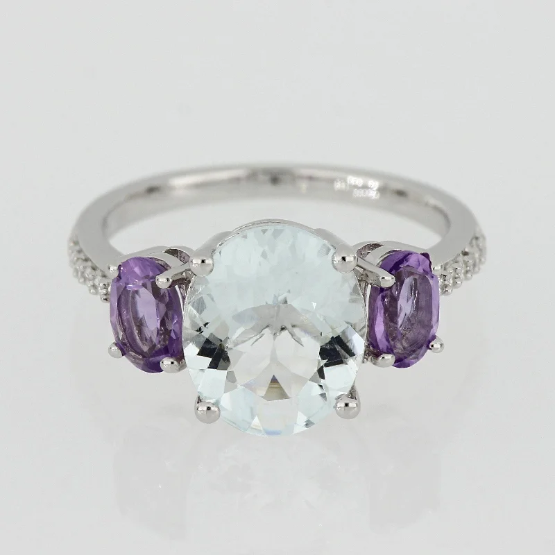 diamond wedding rings for women -Oval-Cut Ice Aquamarine Amethyst and Diamond 3-Stone Ring in Sterling Silver by Miadora