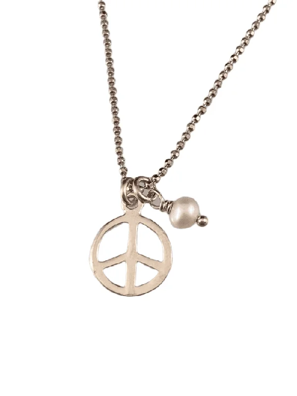 long chain necklaces for women -18” Tiny Peace Sign & Pearl Charm Necklace