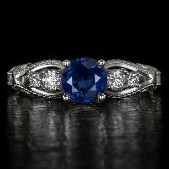 chunky rings for women -VINTAGE STYLE NATURAL BLUE SAPPHIRE G SI DIAMOND ENGAGEMENT COCKTAIL RING 14k