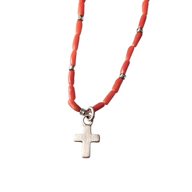 boho chic necklaces for women -16” Beaded Coral Sterling Cross Necklace