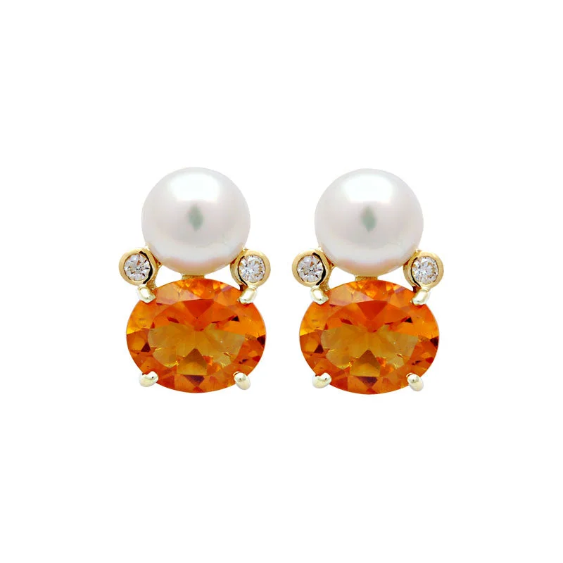 custom engraved earrings -Earrings-Citrine, South Sea Pearl and Diamond