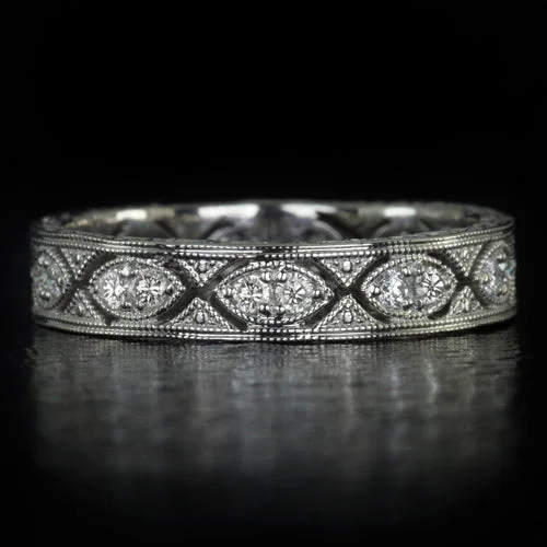 unique rings for women -VINTAGE STYLE ART DECO ROUND CUT DIAMOND WEDDING BAND STACKABLE RING ENGRAVED